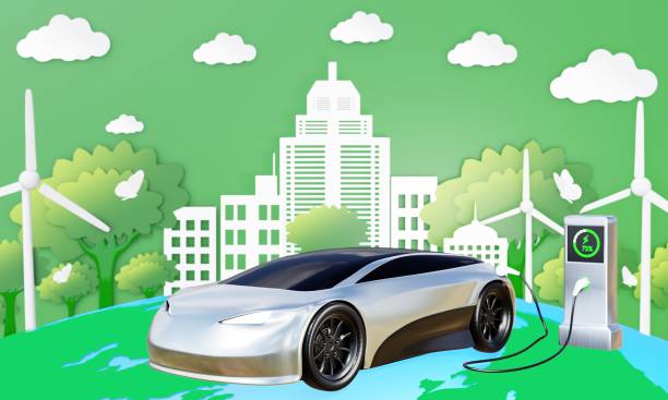 Electric car EV charger station. concept of clean technology. Powered by electricity, wind turbines. Cars chargers on the ground. clear sky nature clear white clouds City of the future. 3D rendering