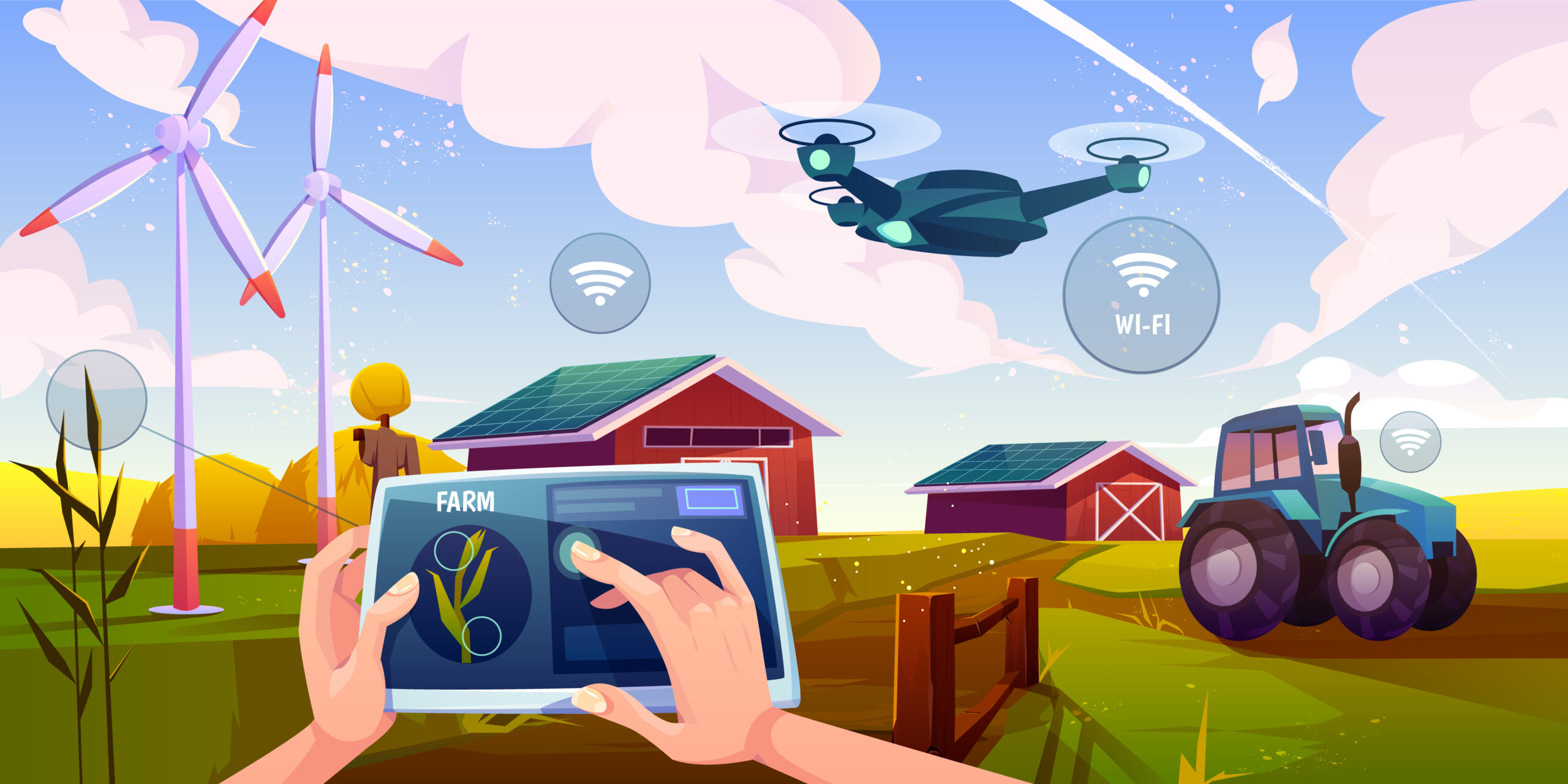 Smart farming, futuristic technologies in farm industry. Tablet with app for control plants growing, drone, wind mills, solar panels, agricultural automation and robotics Cartoon vector illustration